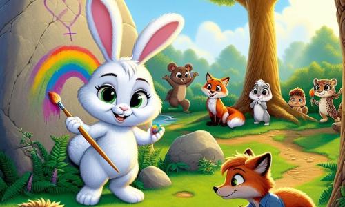 In a peaceful village, Ruby, a young rabbit with bright white fur and large attentive ears, stands at the center of a vibrant scene, her face glowing with excitement and determination. She holds a colorful brush, ready to paint a mural symbolizing gender equality on a large smooth rock. Beside her, Milo, a playful squirrel with brown fur and a bushy tail, smiles enthusiastically, holding a palette of bright colors, eager to help. Fern, a clever fox with mischievous eyes and fiery orange fur, watches the work closely, a thoughtful expression on her face, while holding a roll of paper to take notes. The scene unfolds under a majestic oak tree, with sunlight filtering through the leaves, illuminating the group and the mural in progress. Animals of different species gather around, curious and admiring, creating an atmosphere of camaraderie and unity. The main focus shows Ruby and her friends painting together, each adding their unique touch to the collective artwork, symbolizing harmony and collaboration among all the inhabitants of Willowbrook.