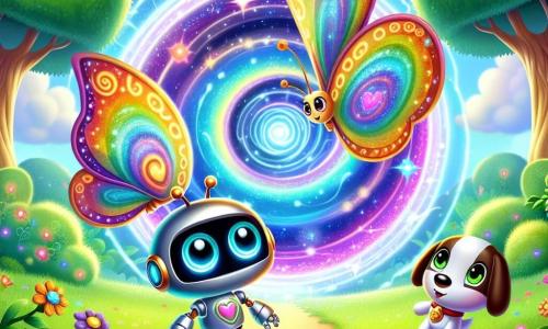 Un pequeño robot de ojos brillantes y cuerpo metálico colorido, con un corazón luminoso, expresa gran curiosidad y asombro mientras se encuentra frente a un portal mágico que brilla con colores vivos. A su lado, una mariposa de alas multicolores, flotando con gracia, muestra una sonrisa alegre y parece lista para explorar, mientras que un pequeño perro robot de patas de metal, con una cola que mueve con emoción, mira el portal con ojos llenos de entusiasmo. El decorado es un parque verde, lleno de árboles majestuosos con hojas brillantes, flores vibrantes y un cielo azul salpicado de suaves nubes. En el centro de esta escena, el portal giratorio emite destellos de luz, creando una atmósfera mágica e intrigante, mientras los amigos se preparan para saltar en esta aventura temporal.