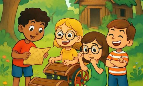 Há 4 crianças: - Miguel: um menino de 9 anos, com cabelos negros e cacheados, vestindo uma camiseta vermelha e um short azul. Ele segura um velho pedaço de papel que parece ser um mapa do tesouro. - Sofia: uma menina de 8 anos, com cabelos loiros e óculos redondos, sentada em sua cadeira de rodas vermelha chamada "Trovão". Ela sorri entusiasticamente, olhando para o grupo. - Lúcia: uma menina de 9 anos, com cabelos castanhos e lisos, vestindo um vestido verde. Ela ajusta seus óculos e examina o mapa com curiosidade. - Tomás: um menino de 8 anos, com cabelos castanhos e uma camiseta listrada. Ele está de pé, com os braços cruzados, com um grande sorriso no rosto, pronto para a aventura. O local se passa em uma clareira escondida no coração de um parque verdejante. Grandes árvores de troncos grossos cercam a cena, suas folhas brilhantes filtrando a luz do sol. No centro, uma antiga cabana de madeira, coberta de hera e musgo, se ergue majestosa. Ao lado da cabana, um caminho secreto é visível, ladeado por flores coloridas e pedras musgosas. A situação principal mostra as crianças descobrindo um velho baú de madeira, enterrado sob uma pedra, com expressões de emoção e curiosidade em seus rostos. Seus olhos brilham de antecipação enquanto se preparam para abrir o baú, revelando tesouros misteriosos dentro.