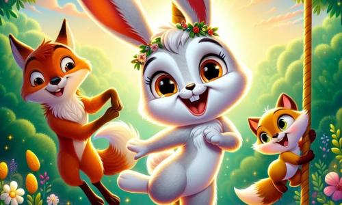 Al centro dell'immagine, Benny, un giovane coniglio dalle grandi orecchie e dal pelo bianco splendente, danza gioiosamente attorno a un grande palo decorato con fiori colorati. Il suo volto è illuminato da un sorriso radioso e i suoi occhi brillano di eccitazione e felicità. Alla sua destra, Sofia, una volpe dal pelo rosso vivo e dagli occhi maliziosi, ride mentre si dondola al ritmo della musica, con le zampe sollevate in aria. Indossa una piccola corona di fiori sulla testa, aggiungendo al suo fascino birichino. A sinistra, Giacomo, un gufo saggio con piume marroni e occhi rotondi, osserva la scena con un sorriso benevolo, le ali leggermente aperte come se fosse pronto a spiccare il volo. Il decor è un magnifico boschetto verdeggiante, bagnato dalla luce dorata del sole al tramonto, con fiori selvatici brillanti e raggi di luce che filtrano tra le foglie degli alberi. La scena rappresenta una festa estiva gioiosa, dove gli amici si riuniscono per celebrare attorno al palo decorato, pieni di risate e musica, creando un'atmosfera festosa e calorosa.