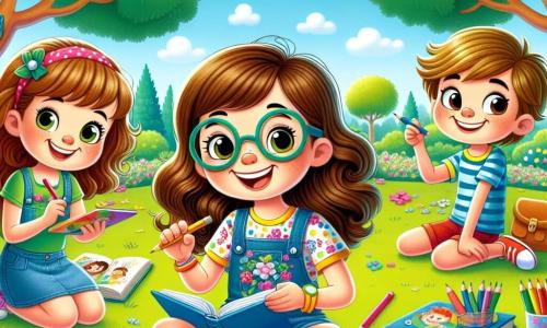 No centro da imagem, Clara, uma menina de 10 anos com longos cabelos castanhos e óculos redondos, sorri entusiasticamente segurando um tablet em uma mão e um lápis na outra. Ela usa uma camiseta colorida com estampas de flores e um short de jeans, sentada na grama verde do parque, cercada por livros e lápis de cor. Ao lado dela, Pedro, um menino de 10 anos com cabelos curtos e loiros, está desenhando em um caderno. Ele veste uma camiseta azul e um short vermelho, olhando para Clara com um sorriso cúmplice. Um pouco mais longe, Maria, uma menina de 9 anos com cabelos cacheados e um vestido de bolinhas, está colhendo flores para um buquê, adicionando um toque de cor à cena. O parque é iluminado e acolhedor, com árvores majestosas de folhas verdes, flores coloridas espalhadas pelo chão e um céu azul com nuvens brancas fofas. A situação principal mostra Clara e seus amigos compartilhando ideias sobre o equilíbrio entre o uso da tecnologia e a diversão de brincar ao ar livre, ilustrando seu entusiasmo por aprender e explorar juntos.