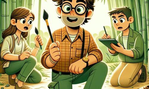 Un bărbat, Alex, este în centrul imaginii, cu părul creț și ochelari cu ramă groasă, având o expresie de entuziasm și curiozitate. Poartă o cămașă cu carouri și pantaloni cargo, ținând o perie într-o mână și o vază veche în cealaltă, aplecându-se asupra unei descoperiri arheologice. În dreapta sa, Maria, o femeie de aproximativ 30 de ani, cu părul lung și drept, ia notițe într-un carnet, cu fața luminată de entuziasm. Poartă o bluză de lucru bej și ochelari de protecție pe frunte. În stânga, Andrei, un bărbat de aproximativ 25 de ani, cu părul scurt și o barbă ușoară, examinează o bucată de ceramică, concentrat și curios, îmbrăcat cu un tricou verde și șort. Decorul este o pădure verde de bambus, cu raze de soare filtrând prin frunze, iluminând un sit arheologic vechi, unde pietre și artefacte sunt împrăștiate în jurul lor. Situația principală arată cum Alex descoperă o vază veche, înconjurat de colegii săi, toți captivați de magia arheologiei, în timp ce explorează o lume uitată plină de mistere și povești de spus.