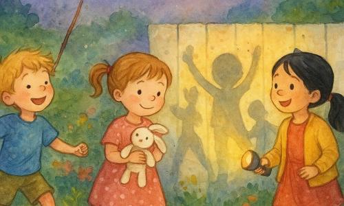 Drei Kinder im Dämmerungsgarten: Emma (ca. 6) in rosa gepunktetem Kleid, hellbraune Zöpfe, steht in der Mitte und hält ein weißes Kaninchenkuscheltier an die Brust und lächelt schüchtern; links Max (ca. 7) mit blonden zerzausten Haaren, blauem T‑Shirt und khakifarbenen Shorts, hält einen langen Stock wie einen Zauberstab und hüpft leicht; rechts Mia (ca. 6) mit schwarzer Pferdeschwanz, gelbem Cardigan, hält eine runde Taschenlampe, deren warmer gelber Lichtkegel lange, fröhliche Schatten an eine weiße Holzpalisade wirft, die wie tanzende Silhouetten wirken; grüner Rasen, Blumenbeete, Schaukel im Hintergrund, violett-blauer Himmel mit schmaler Mondsichel, aquarellartige weiche Flecken und unscharfe Konturen schaffen eine warme, geborgene Atmosphäre.