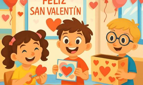 Hay 3 personajes: - Valentín: un niño de 8 años con cabello castaño despeinado, lleva una camiseta roja con corazones sonrientes. Está de pie en el centro, sonriendo con gran entusiasmo, sosteniendo una tarjeta colorida en sus manos. - Lucía: una niña de 8 años con cabello largo y rizado, adornado con bonitos lazos rosas. Está a la izquierda de Valentín, recortando corazones de papel con tijeras, con una gran sonrisa en el rostro. - Diego: un niño de 8 años con gafas redondas y cabello rubio. Está a la derecha de Valentín, sosteniendo una gran caja decorada con corazones, listo para llenarla de cartas. El lugar es un aula luminosa, decorada con guirnaldas de corazones de papel, globos rojos y rosas flotando en el techo, y un gran cartel en la pared que dice 