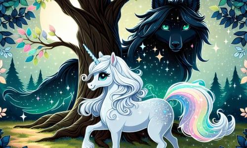 Al centro dell'immagine, una magnifica unicorno di nome Luminia si erge orgogliosamente. Ha un manto bianco splendente, una criniera scintillante d'argento e un corno arcobaleno che brilla alla luce. La sua espressione è curiosa e determinata, con grandi occhi pieni di magia e avventura. Luminia galoppa gioiosamente attraverso una radura incantata. Alla sua destra, un maestoso lupo nero con occhi verdi smeraldo osserva attentamente Luminia, apparendo protettivo e saggio, pronto a accompagnarla nella sua avventura. Sullo sfondo, l'Antico Spirito del Bosco, una silhouette eterea fatta di luce scintillante, fluttua dolcemente vicino a una grande quercia, guidando Luminia con una melodia dolce. Il luogo è una radura magica, circondata da alberi con foglie multicolori che brillano come gemme al sole, e fiori cantanti dai colori vivaci che punteggiano il terreno, creando un'atmosfera fiabesca. La scena principale mostra Luminia pronta a seguire il sentiero luminoso indicato dall'Antico Spirito, desiderosa di scoprire la fonte dell'arcobaleno, mentre il lupo la osserva con ammirazione, pronto a accompagnarla in questa straordinaria avventura.