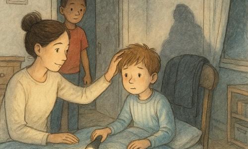 Drei Personen: Milo, 7 Jahre, hellbraune zerzauste Haare, hellblau gestreifter Schlafanzug, sitzt rechts im Bett und hält eine eingeschaltete Taschenlampe, die einen sanften Lichtkegel auf die Decke wirft; Mama, Ende 30, Dutt, cremefarbener Pullover, sitzt links am Bettrand, Hand im Haar, ruhiger fürsorglicher Blick zu Milo; Ben, 7 Jahre, kurze braune Haare, rotes T‑Shirt, steht im Türrahmen hinten links mit einer Trinkflasche, mitfühlend-neugieriger Ausdruck. Ort: ordentliches, gemütliches Kinderzimmer mit geometrischem Teppich, hellem Holzkommode links, kleinem Regal mit Büchern und Spielschachtel unten rechts, halbtransparentem Vorhang, der Mondlicht hereinlässt; dunklere Ecke des Schranks hinten mit einer langen Schattenfigur an der Wand. Situation: nächtliche, warme Szene, in der Milo lernt, keine Angst vor der Dunkelheit zu haben — die Taschenlampe beleuchtet einen Sessel und eine Jacke, die zuvor bedrohlich wirkten, lange klare Schatten schaffen Kontrast; Komposition zentriert auf das Lampenlicht und die Blicke der Figuren.