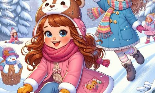 Una ragazza di 7 anni, Sofia, con lunghi capelli castani e guance rosa, indossa un bel cappotto rosa, un cappello a forma di orso e guanti gialli. Sorride con meraviglia, gli occhi brillanti di gioia, mentre scivola giù per una piccola collina innevata con una slitta rossa. Accanto a lei, un'altra ragazza, Lisa, di 8 anni, con capelli biondi e occhiali, la incoraggia con un cenno della mano, vestita con un cappotto blu e una sciarpa colorata. Lo scenario è un magico parco invernale, pieno di neve scintillante sotto il sole, con alberi coperti di brina e altri bambini che giocano sullo sfondo, costruendo pupazzi di neve e facendo battaglie di palle di neve. La scena principale mostra Sofia pronta a scendere dalla collina sulla sua slitta, piena di eccitazione e felicità, mentre la neve vortica intorno a lei, creando un'atmosfera gioiosa e festosa.