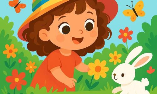 Una niña de 2 años, con grandes ojos brillantes y cabello rizado, lleva un gran sombrero colorido y una sonrisa alegre. Explora un jardín lleno de flores vibrantes, tocando delicadamente los pétalos con asombro. Cerca, un pequeño conejo blanco de grandes orejas salta alegremente en la hierba verde, mirando a la niña con curiosidad. El jardín es un lugar mágico, lleno de flores de colores vivos, mariposas volando y un pequeño charco que refleja el cielo azul. La niña se divierte haciendo flotar una hoja en el agua, riendo de alegría mientras su pequeño barco de hojas navega suavemente, llevando sus sueños de aventurera.
