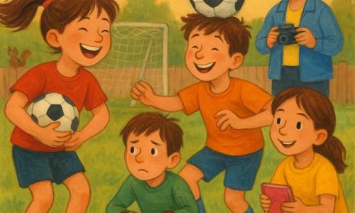 Niños de 10 años: Sofía, sonriente y traviesa con coleta que oscila, camiseta roja, zapatos gastados, riendo y con un balón bajo el brazo; Mateo, tímido y cómico, con calcetines desparejados y guantes de portero demasiado grandes, posa exagerado junto al arco; Lila, alegre y concentrada, agachada en defensa con una libreta rosa, sonríe mirando el césped; Tomás, entusiasta y torpe, sostiene la pelota sobre la cabeza como un sombrero junto a Sofía. La señora Rosa, entrenadora amable, toma fotos desde la línea con una cámara vieja. Escenario: campo de barrio con césped verdoso, redes algo gastadas, valla de madera con un pequeño ratón o ardilla arriba y cielo de tarde. Situación: rotación caótica, los cuatro agrupados y riendo en un rincón con posturas cómicas y césped pisado, ambiente amistoso. Estilo: ilustración a la gouache, colores vivos, texturas de pincel visibles, trazos suaves y composición centrada en el grupo.