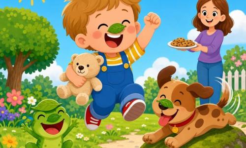 Bambino di 2 anni, viso rotondo, guance rosate e grandi occhi ridenti, espressione gioiosa, salta tenendo un piccolo orsacchiotto beige. Rana Lalla, piccola rana verde con grandi zampe, ride con una foglia sulla testa, seduta sull'erba a sinistra del bambino. Cane Tino, cucciolo marrone macchiato, lingua di fuori e coda che scodinzola, scivola allegramente su una piccola zolla muschiosa a destra del bambino. Donna adulta (madre), capelli castani, sorriso dolce, sullo sfondo mentre porge un piatto di biscotti. Parco soleggiato con prato verde, fiori colorati, un albero dalla chioma rotonda e un sentiero ghiaioso; colori vivaci, forme semplici. Situazione: gara di salti giocosa, foglie sul naso come maschere, risate condivise, composizione centrata e chiara, forme pulite e contrasti morbidi.