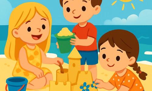 Na plaży jest troje dzieci: Oliwia, 4-letnia dziewczynka z długimi blond włosami, w żółtej sukience w kwiaty, uśmiechnięta, siedzi na piasku, budując zamek z kolorowymi wiaderkami. Obok niej stoi Jaś, 4-letni chłopiec z brązowymi, rozczochranymi włosami, w czerwonym t-shircie i niebieskich szortach, trzymający wiaderko z piaskiem, by dodać wieżę do zamku. Zuzia, 4-letnia dziewczynka z brązowymi warkoczykami, w bluzce w kropki i dżinsowych szortach, klęczy przed zamkiem, dekorując mury kolorowymi kwiatami. Sceneria to słoneczna plaża z błyszczącym złotym piaskiem, delikatnymi falami w tle i rozrzuconymi muszelkami. Niebieskie niebo z białymi, puszystymi chmurami. Dzieci bawią się razem, śmiejąc się i otoczone kolorowymi zabawkami plażowymi, a promienie słońca oświetlają ich radosne twarze, tworząc atmosferę szczęścia i przyjaźni.