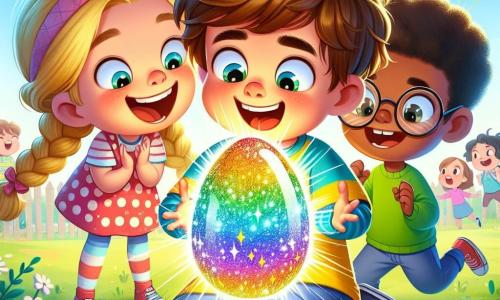 Un ragazzo di 6 anni, di nome Luca, con capelli castani disordinati e occhi brillanti di curiosità, tiene un uovo di Pasqua magico che brilla di mille colori. Indossa una maglietta gialla e dei pantaloni corti blu, e il suo viso esprime immensa gioia e meraviglia. Accanto a lui, la sua migliore amica Sara, una ragazza di 6 anni con lunghi capelli biondi intrecciati e un vestito rosa a pois, sorride guardando l'uovo con occhi spalancati. Si tiene leggermente indietro, con le mani sulle guance, meravigliata dalla scoperta. Tommaso, un ragazzo di 6 anni con capelli neri e occhiali tondi, salta di gioia dietro di loro, indossando una maglietta verde e pantaloni corti rossi. Ha un grande sorriso ed è pronto ad applaudire l'impresa di Luca. La scena si svolge in un parco soleggiato, pieno di fiori colorati e grandi alberi verdi, con una fontana scintillante sullo sfondo. Palloncini fluttuano nel cielo blu, e altri bambini giocano gioiosamente intorno a loro. Luca ha appena scoperto l'uovo di Pasqua magico nascosto dietro un cespuglio ed è pronto ad aprirlo, circondato dai suoi amici che condividono la sua eccitazione e felicità.