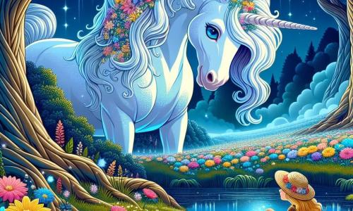 En el centro de la imagen, una hermosa unicornio llamada Estrella se encuentra majestuosamente. Su pelaje es de un blanco brillante, y su largo crin está adornado con flores de colores. Su gran ojo azul expresa una dulce sabiduría y una alegría palpable, mientras se inclina ligeramente hacia una niña pequeña, como si le hablara. Junto a ella, Luna, una niña de siete años, lleva un sombrero de paja decorado con flores. Tiene ojos brillantes de curiosidad y una sonrisa radiante. Está arrodillada cerca del estanque, sosteniendo una piedra brillante en sus manos, maravillada por la belleza del unicornio. El escenario es un marjal mágico, con árboles gigantescos de troncos torcidos, flores de colores vibrantes y un estanque resplandeciente en el centro, reflejando el cielo azul. Neblinas ligeras bailan sobre el agua, añadiendo un toque de misterio al entorno. La escena captura el momento en que Luna descubre a la unicornio Estrella, lista para confiarle una misión mágica para salvar el marjal, creando una atmósfera de asombro y aventura.