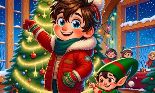 Ein 7-jähriger Junge, Max, mit zerzausten braunen Haaren und neugierigen Augen, lächelt fröhlich, während er einen großen Weihnachtsbaum schmückt. Er trägt eine dicke rote Jacke, eine Wollmütze mit einem Bommel und bunte Handschuhe. Neben ihm hilft ein kleiner Elf, Finn, mit spitzen Ohren und einem glitzernden grünen Mantel, ihm, leuchtende Sterne an die Zweige des Baumes zu hängen, während sie lachen. Der Ort ist ein großer, gemütlicher Salon im Waisenhaus, mit Holzwänden und Fenstern, die mit Lichtern geschmückt sind. Der Boden ist mit einem weichen Teppich bedeckt, und draußen fallen sanft Schneeflocken, was eine märchenhafte Atmosphäre schafft. Die Hauptsituation zeigt Max und Finn, die gemeinsam eine wunderschöne Weihnachtsfeier vorbereiten, voller Freude und Magie, während andere Kinder des Waisenhauses sie bewundernd ansehen, gespannt auf die Überraschungen, die sie erwarten.