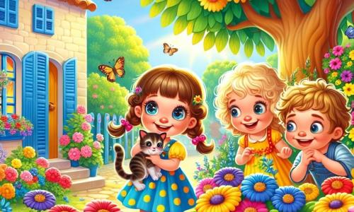 O fetiță de 2 ani, Andreea, cu ochi mari și strălucitori și păr creț castaniu, zâmbește cu curiozitate ținând în brațe o pisicuță. Poartă o rochie galbenă cu buline și sandale roz, iar fața ei exprimă o bucurie radiantă. Lângă ea, Ana, o fetiță de 3 ani cu părul blond împletit și rochie roșie, observă cu uimire florile colorate din grădină. Mihai, un băiat de 3 ani cu părul brun zbârlit și un tricou albastru, se apleacă pentru a privi o cutie veche din lemn sub un copac mare. Locul este o curte însorită cu o casă veche cu obloane albastre, înconjurată de flori strălucitoare: galbene, roșii și albastre. Un copac mare oferă umbră, iar fluturii dansează în jurul florilor. Situația principală arată cum Andreea, Ana și Mihai descoperă o cutie misterioasă sub copac, plină cu fotografii vechi, în timp ce pisicuța îi observă cu curiozitate, adăugând o notă de magie aventurii lor.
