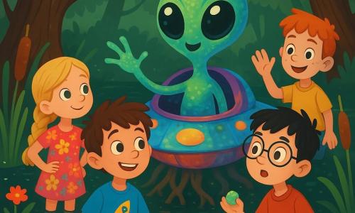 Há 4 crianças: - Luca: um garoto de 7 anos, com cabelo castanho bagunçado e olhos brilhantes de curiosidade. Ele usa uma camiseta azul com um desenho de foguete e está no centro, sorrindo com um ar de aventura. - Manu: uma menina de 7 anos, com cabelo longo e loiro trançado, vestindo um vestido florido. Ela está um pouco à esquerda, com as mãos na cintura, olhando para a criatura com admiração. - Tiago: um garoto de 7 anos, com cabelo negro e óculos redondos. Ele está à direita de Luca, inclinado para frente, com os olhos arregalados de surpresa, segurando uma pedrinha brilhante na mão. - Beto: um garoto de 7 anos, com cabelo ruivo e sardas no rosto. Ele está atrás de Manu, acenando como se estivesse cumprimentando a criatura. O local é um charco misterioso, cercado por juncos verdes e flores vibrantes que flutuam na superfície da água escura. Pequenas luzes brilham na água, criando uma atmosfera mágica, enquanto uma pequena nave extraterrestre, feita de material brilhante e colorido, está entre as raízes das árvores. A situação principal mostra as crianças descobrindo uma criatura extraterrestre com olhos enormes e pele mutável, que sai da nave. Ela estende uma pequena mão translúcida em direção a eles, enquanto as crianças, fascinadas, se aproximam lentamente, prontas para conhecer este amigo de outro mundo.