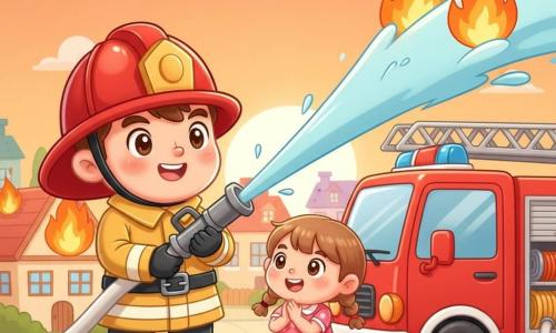 A smiling, brave firefighter in a shiny red helmet, thick yellow jacket and black boots holds a large hose spraying light-blue water at flames while a five-year-old girl with light-brown pigtails in a pink polka-dot dress claps nearby; a bright red fire truck with ladder and rolled-out hose is parked to the right, cobblestone street and colorful small houses sit in the background under a soft orange sunset sky with light-gray smoke, creating a reassuring, heroic scene with warm colors, rounded shapes and a composition centered on the action.