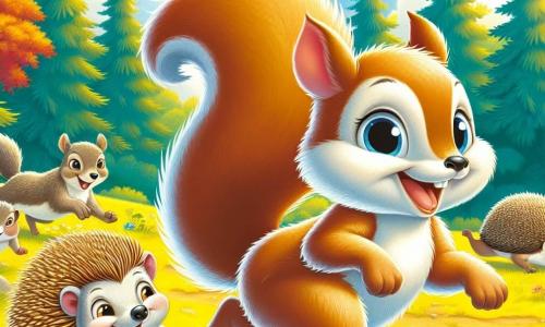 An illustration depicts a young squirrel with light brown fur and a fluffy tail, expressing great joy and excitement as it runs at full speed with determined eyes in a sunny clearing. Next to it, a young hedgehog with shimmering golden spines and a gentle face smiles warmly while joyfully rolling on the grassy ground, full of energy and ready to join the race. In the background, a group of animals, including an agile squirrel with a long tail and a competitive gaze, as well as a playful gray squirrel, cheer and support the two friends, creating an atmosphere of camaraderie. The main setting is a vibrant clearing in the heart of a forest, surrounded by majestic trees with golden and red leaves, colorful flowers scattered on the ground, and a clear blue sky with fluffy white clouds. The scene highlights the young squirrel and hedgehog racing together, celebrating their friendship and determination to have fun despite their differences, with sunlight filtering through the branches, leaves gently falling around them, and acorns scattered on the ground, symbolizing the abundance and joy of the season.