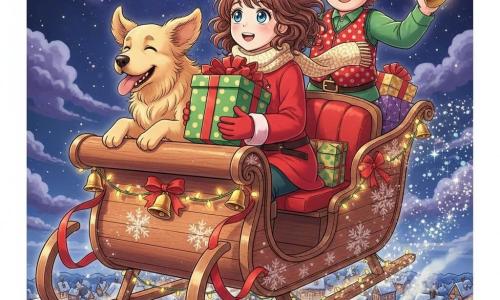 A 10-year-old girl with sparkling blue eyes and shoulder-length chestnut curls, wearing a bright red coat, cream wool scarf and gloves, sits at the front of a glittering sleigh holding a large green present with gold polka dots; a golden retriever named Max with silky fur and a joyful expression sits beside her, ears windblown; a cheerful adult elf man about 150 cm tall in a pointed green hat and red polka-dot jacket stands behind ringing a shiny bell while loading packages; the varnished wooden sleigh is decorated with lights, red ribbons and golden bells and silver snowflake inlays; beneath a deep starry night with violet nebulas, the snowy village of Winterberry stretches below with lit colorful houses and smoking chimneys; the sleigh soars above the village through a shower of sparkling flakes, wind whipping hair and scarf, creating a magical, joyful scene of dynamic motion and contrasting colors (bright red, warm gold, midnight blue).