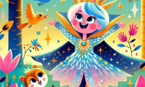 Super Nova, eine Frau mit glänzendem blauen Haar, trägt einen wunderschönen glitzernden Mantel aus Sternenstaub. Sie hat ein entschlossenes Lächeln und funkelnde Augen vor Aufregung. Sie steht in der Mitte und hebt die Arme gen Himmel, bereit, das verlorene Licht zu suchen. Neben ihr schaut ein kleiner, neugieriger Eichhörnchen namens Pipo besorgt mit seinen kleinen Pfoten an den Hüften. Im Hintergrund neigen sich eine Gruppe bunter Blumen mit rosa und gelben Blütenblättern traurig, während lebhafte Vögel umherfliegen und das Licht suchen. Die Szene spielt in einem verzauberten Wald, in dem die Bäume goldene Stämme haben und die Blätter wie Edelsteine funkeln. Super Nova bereitet sich darauf vor, sich auf das Abenteuer zu begeben, um die verschwundene Sonne zu finden, umgeben von ihren besorgten Freunden.