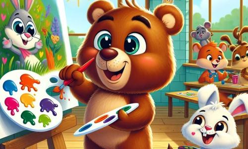 Teddy, mały brązowy miś z błyszczącymi oczami i promiennym uśmiechem, maluje wielki kolorowy mural na ścianie szkoły. Jest skoncentrowany i szczęśliwy, trzymając pędzel w łapce, z plamami farby na futrze. Obok niego Kacperek, mały królik z dużymi uszami i białym futrem, z podziwem przygląda się pracy Teddy'ego. Trzyma paletę z żywymi kolorami i uśmiecha się, pełen entuzjazmu, gotowy dodać coś od siebie do muralu. W tle widać jasną klasę z oknami wpuszczającymi światło słoneczne, kolorowe plakaty na ścianach i drewniane stoły, przy których inne zwierzęta, takie jak wiewiórki i ptaki, pracują nad swoimi projektami artystycznymi. Główna scena pokazuje, jak Teddy i Kacperek radośnie współpracują, tworząc wspólne dzieło sztuki, symbolizujące przyjaźń i kreatywność, podczas gdy inni koledzy ich wspierają i podziwiają ich pracę.