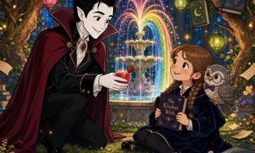 The main character is Count Lucien, a benevolent smiling vampire with luminous pale skin and glossy black hair, wearing a burgundy cloak with black lining and an elegant suit with gold buttons; he holds a small glass of strawberry juice standing by a sparkling fountain. The girl, Eloise, about eight, with light brown braided hair, a midnight-blue velvet coat and black patent shoes, sits on the grass near the fountain looking at him with wonder while holding a small dark-velvet book titled The Kindest Wish. The secondary character is Professor Pipkin, a small gray owl with round glasses and a purple bow tie perched on Eloise’s shoulder or a nearby book, curious and slightly ruffled. The setting is a magical indoor garden: trees bearing books as fruit, colored glass lanterns, a central fountain with rainbow-glowing water, a worn parchment-tile path and a soft lawn scattered with floating pages. The scene is warm and whimsical, the vampire offering the juice to the girl, everyone smiling, warm colors contrasting with midnight blue and rainbow reflections.