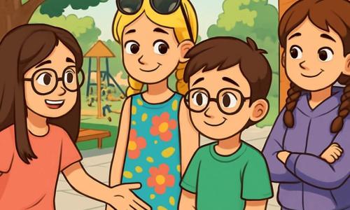 There are four characters: - Lily: a 10-year-old girl with long brown hair and glasses. She wears a pink t-shirt and blue jeans. She stands on the left, smiling, reaching out to Ben. - Mia: a 10-year-old girl with braided blonde hair and sunglasses on her head. She wears a colorful floral dress. She is in the center, looking at Ben with an encouraging gaze. - Ella: a 10-year-old girl with brown hair in braids. She wears a purple hoodie and black pants. She stands on the right, arms crossed, displaying a warm smile. - Ben: a 10-year-old boy with short hair and glasses. He wears a green t-shirt and beige shorts. He is in the center, slightly forward, with a shy but grateful expression. The setting takes place in a sunny schoolyard, surrounded by tall green trees and wooden benches. Children are playing in the distance, and colorful drawings are hung on a brick wall. The ground is covered with gray tiles, and a large playground is visible in the background. The main situation shows Lily, Mia, and Ella surrounding Ben, who appears a bit nervous but smiles shyly. The girls are reaching out to him and speaking kindly, creating an atmosphere of camaraderie and support. Sunlight illuminates the scene, highlighting their budding friendship.