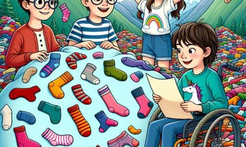 In the center of the image, four friends stand together, surrounded by mountains of colorful socks. On the left, Max, a 10-year-old boy with round glasses and messy hair, smiles while holding a paper treasure map. On the right, Lily, a 9-year-old girl with pigtails and a unicorn-patterned t-shirt, joyfully jumps into a pile of socks, splashing bright colors around her. Just behind them, Sam, a 10-year-old boy with brown hair and a mischievous smile, draws a map on the ground with a stick, while Finn, an 11-year-old boy in a wheelchair, watches them with sparkling eyes of excitement, his wheels shining in the sunlight. The setting is the Valley of Socks, a magical place where hills of multicolored socks rise like mountains, and rivers of yarn wind between trees with sock-shaped leaves. The sky is a bright blue, dotted with clouds shaped like yarn balls. The main scene shows the friends on a quest, laughing and searching for legendary socks, while a friendly sock monster with round eyes and a body made of colorful fabrics watches them with a smile, ready to help in their adventure.