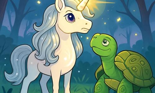 A magnificent unicorn named Sparkle stands proudly by a shimmering pond. Her coat is bright white, and her silver mane shines like stars in the sunlight. Her large purple eyes express radiant determination, while her iridescent spiral horn emits a soft glow. Beside her is an old turtle named Elder Moss, at least a hundred years old, standing on the bank. His back is adorned with ancient runes, and his mossy green skin reflects wisdom and pride as he looks at Sparkle. The setting is Whispering Marsh, an enchanted swamp shrouded in light mist. Twisted trees with sparkling leaves surround them, and fireflies dance in the air, creating a magical atmosphere. The main scene shows Sparkle lifting her head, ready to embark on an adventure to save her beloved marsh, holding the Crystal of Light in her mane, which shines brightly, illuminating the dark and mysterious surroundings.
