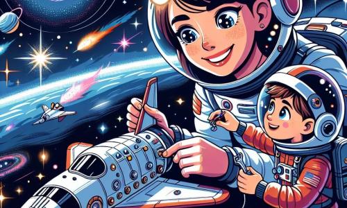 Uśmiechnięta astronautka w błyszczącym białym skafandrze naprawia część swojej rakiety w bezkresie kosmosu. Ma brązowe włosy związane w kucyk, a jej oczy błyszczą z ekscytacji i determinacji. W pobliżu mały chłopiec w wieku około 8 lat, z blond włosami i niebieskimi oczami, z zachwytem obserwuje. Ma na sobie czerwoną kombinezon astronauty i trzyma w rękach mały model rakiety, marząc o zostaniu astronautą. Tło to gwiaździste niebo, wypełnione kolorowymi galaktykami i migoczącymi planetami. Rakieta unosi się w powietrzu, z futurystycznymi detalami, otoczona jasnymi gwiazdami i kolorowymi mgławicami. Główna scena pokazuje astronautkę uczącą chłopca, jak używać przycisków rakiety, dzieląc się chwilą nauki i marzeń w bezkresie przestrzeni.