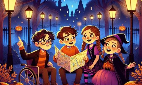 Em um parque misterioso iluminado por lanternas em forma de abóbora, quatro amigos estão no centro da imagem. Lucas, um menino de 11 anos com cabelo castanho bagunçado e um suéter laranja, observa com curiosidade um mapa do parque. À sua direita, Ana, uma menina de 10 anos com cabelo loiro trançado e uma fantasia de bruxa preta e roxa, sorri enquanto aponta uma direção. À esquerda, Pedro, um menino de 11 anos com óculos e uma fantasia de vampiro, faz um gesto exagerado como se estivesse contando uma história. Por fim, Sofia, uma menina de 10 anos com cabelo castanho e um vestido rosa, está sentada em sua cadeira de rodas, rindo alegremente enquanto segura um saco de doces. O parque está repleto de grandes árvores com folhas douradas, criando uma atmosfera mágica e levemente assustadora. As sombras dançam no chão, enquanto estrelas brilham em um céu noturno azul profundo. Os amigos estão em uma caça aos doces, procurando pistas para encontrar um tesouro escondido, cercados por decorações de Halloween, como fantasmas de papel e teias de aranha brilhantes.