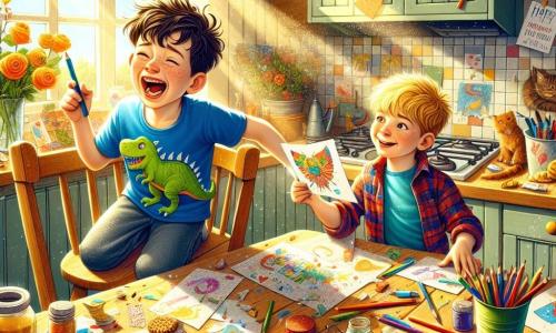 There are two boys, Max and Leo, aged 8. Max has messy brown hair and is wearing a blue t-shirt with a dinosaur pattern, while Leo has blonde hair and is wearing a red checkered shirt. Max is sitting on a wooden chair, leaning forward with a big smile, holding a colored pencil in his hand. Leo is standing next to him with his arms crossed, looking proud, holding a colorful card. They are in Max's kitchen, where sunlight filters through the window, illuminating a large wooden board covered with colored papers, crayons, and glitter. Apples and cookies are scattered on the table, adding warmth to the atmosphere. The main scene shows Max and Leo creating cards for Mother's Day, surrounded by their joyful artistic mess. They are laughing together, imagining their moms' smiles when they see their colorful and affectionate creations.