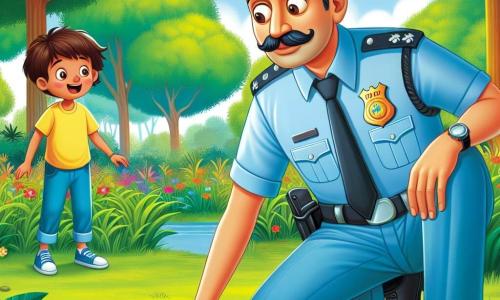 Ein Polizist, ein Mann in seinen dreißigern mit einem gut gestutzten Schnurrbart und einem warmen Lächeln, hockt in einem grünen Park und sucht einen roten Ball im Gras. Er trägt eine hellblaue Uniform mit einem glänzenden Abzeichen auf der Brust und wirkt konzentriert und freundlich. In der Nähe steht ein 8-jähriger Junge, Leo, mit zerzausten braunen Haaren und einem leuchtend gelben T-Shirt, der mit aufgeregten Augen zuschaut. Er steht mit den Händen in den Hüften da, bereit, seinem neuen Freund, dem Polizisten, zu helfen. Der Park ist voller großer Bäume mit üppigem grünem Laub und bunten Blumen, die um einen kleinen, im Sonnenlicht glitzernden Teich wachsen. Vögel singen in den Ästen und schaffen eine fröhliche Atmosphäre. Die Hauptsituation zeigt den Polizisten und Leo bei der Suche nach dem verlorenen Ball, mit einer Atmosphäre von Kameradschaft und Abenteuer, die das Thema von gegenseitiger Hilfe und Gerechtigkeit illustriert.