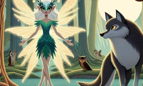 En el centro de la imagen, Lumina, una criatura mágica con piel brillante como luciérnagas y ojos esmeralda, se muestra con orgullo. Tiene una expresión de determinación y valentía, con los brazos abiertos, lista para defender su reino. A su derecha, el gran lobo, con su pelaje gris oscuro y ojos penetrantes, muestra una expresión de desafío, pero también una chispa de duda. Se mantiene sobre sus patas traseras, pareciendo listo para atacar, pero su mirada revela una lucha interna. Al fondo, Don Sabio, el sabio búho de plumas marrones y ojos redondos, observa la escena con seriedad, posado en una rama, listo para dar consejos. El escenario es un bosque encantado, con árboles majestuosos de troncos retorcidos, hojas brillantes y flores coloridas que iluminan el suelo. Una luz suave filtra a través del follaje, creando una atmósfera mágica y misteriosa. La situación principal muestra a Lumina frente al gran lobo, desafiando su autoridad con valentía, mientras el lobo parece dudar, atrapado entre su instinto depredador y la posibilidad de cambiar.
