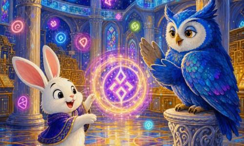Un pequeño conejo blanco llamado Lilo, orejas rosadas y ojos curiosos, canta batiendo suavemente las patas frente a una runa luminosa que vibra y gira; un gran búho azul llamado Zafiro, plumaje irisado y mirada sabia, posado en una columna a la derecha, observa y aplaude con un ala; runas y códigos flotan como luciérnagas en espiral alrededor, símbolos brillantes de neón; la Basílica de Datos: amplia sala de columnas plateadas, suelo de mosaico brillante, bóveda estrellada, puentes de vidrio luminoso y consolas con circuitos dorados, luz cálida y halos de color; Lilo armoniza una runa rebelde violeta que se alinea al ritmo de su canción y baña la escena con un halo dorado, ambiente mágico, sereno y esperanzador.