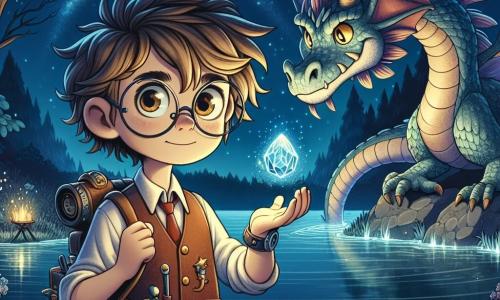 Un niño de 11 años, Leo, se encuentra al borde de un lago misterioso, con los ojos brillantes de determinación y asombro. Tiene el cabello castaño desordenado, unas gafas redondas que se deslizan por su nariz, y lleva un traje de inventor con los bolsillos llenos de herramientas. Leo está extendiendo la mano hacia una esfera de cristal flotante que emite una suave luz azul, simbolizando su deseo de descubrir la magia. Cerca de él, un dragón majestuoso, con escamas iridiscentes, lo observa con curiosidad. Sus ojos dorados brillan de inteligencia y agita sus alas, creando una suave brisa. El dragón se sitúa sobre una roca que domina el lago, añadiendo un toque de misterio a la escena. El lugar es un paisaje encantador: el lago de aguas oscuras refleja el cielo estrellado, rodeado de grandes árboles con follaje luminoso. Vides de luz centelleante descienden de las ramas, y flores luminosas crecen en las orillas, creando una atmósfera mágica y de cuento de hadas. La situación principal muestra a Leo, listo para enfrentar sus miedos, extendiendo la mano hacia la esfera de cristal, mientras el dragón lo anima con su mirada benevolente, simbolizando la alianza entre la magia y la tecnología en su búsqueda.