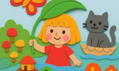 Lili, fetiță de 4 ani, zâmbitoare și uimită, păr blond bob, ține o frunză mare verde ca o umbrelă și traversează un râu argintiu; un fluture mare, roșu și galben, stă pe marginea frunzei, bătând din aripi deasupra ei; un motan robust gri închis, prietenos, stă într-o barcă mică făcută din scoici, o împinge cu coada și zâmbește lângă Lili; o broască țestoasă cu o căsuță pe carapace merge încet pe o piatră plată lângă mal; malurile sunt acoperite de ciuperci colorate în formă de umbrelă și flori rotunde, cer pastelat cu nori de bumbac; atmosferă de aventură blândă și veselă, culori vii, forme simple, contururi groase și texturi de spumă EVA evidente.