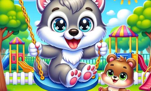 Ein kleiner Wolf mit funkelnden Augen und weichem grauem Fell, der ein fröhliches Gesicht hat, schwingt auf einer bunten Schaukel in einem sonnigen Schulpark. Er lacht vor Freude, die Pfoten in der Luft, während bunte Blumen um ihn herum blühen. Neben ihm beobachtet ein kleiner brauner Bär mit einem schüchternen Lächeln und runden Augen fasziniert, bereit, die Schaukel auszuprobieren. Der Park ist voller Kinderspiele: Rutschen, Schaukeln und eine große Sandkiste, alles unter einem strahlend blauen Himmel mit ein paar weißen, fluffigen Wolken. Grüne Bäume umgeben den Spielplatz und schaffen eine einladende und fröhliche Atmosphäre. Die Hauptsituation zeigt den kleinen Wolf, der den neuen Bären ermutigt, sich ihm auf der Schaukel anzuschließen, was die Freundschaft und Unterstützung zwischen den Figuren in einem spielerischen und schulischen Umfeld verdeutlicht.