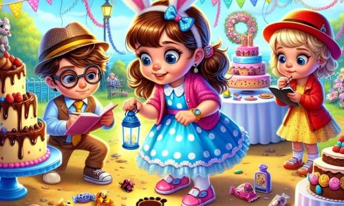 Uma menina de 8 anos, Sofia, com grandes olhos brilhantes e um sorriso curioso, usa um vestido azul com bolinhas brancas e um chapéu de detetive com orelhas de coelho. Ela está agachada, examinando atentamente marcas de chocolate no chão, com um ar determinado e entusiasmado. Ao lado dela, seu amigo Lucas, um garoto de 8 anos com um boné vermelho e óculos, segura uma pequena lanterna de plástico, olhando ao redor com um ar intrigado. Um pouco mais longe, Mariana, uma menina de 8 anos com asas de fada e uma joaninha desenhada em seu vestido, faz anotações em um pequeno caderno, com um ar concentrado. A cena acontece em um parque ensolarado, decorado com guirlandas coloridas e balões flutuantes, com uma grande mesa cheia de bolos e doces ao fundo. No centro da ilustração, Sofia e seus amigos descobrem pegadas de chocolate que levam a uma pequena casa de bonecas, criando uma atmosfera de mistério e aventura.