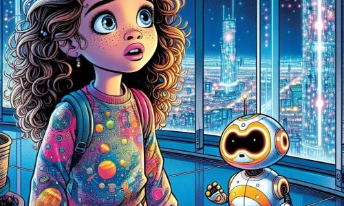 Uma menina de 8 anos, Luna, com longos cabelos cacheados e olhos brilhantes de curiosidade, está em frente a uma grande janela transparente, seu rosto iluminado por luzes de néon que piscam do lado de fora. Ela veste uma combinação futurista de cores vibrantes, com padrões de planetas e estrelas, e sua expressão é ao mesmo tempo maravilhada e determinada. Ao lado dela, seu robô ajudante, Pipo, um pequeno robô redondo com braços articulados e olhos luminosos, flutua levemente acima do chão. Pipo observa as luzes piscantes com uma expressão de preocupação, suas antenas vibrantes revelando sua inquietação. O cenário é um quarto futurista, com paredes de vidro e móveis flutuantes. Do lado de fora, Luminópolis se estende até onde a vista alcança, com edifícios de vidro cintilante, jardins suspensos e carros voadores deslizando pelo céu azul. A situação principal mostra Luna e Pipo observando as luzes misteriosas que dançam no céu, enquanto uma mensagem holográfica aparece diante deles, anunciando uma emergência na cidade.