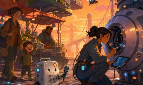 Pip, a silver, lunchbox-sized mechanical recorder with small wheels, a smiling speaker grille and a blinking light, rolls toward a spherical magnetic relay holding a built-in mic and records a soothing message with a determined, reassuring expression; Mira, a tired but relieved human technician in her thirties with hair tied back and a utility jumpsuit with glowing pockets, crouches by the hub with a tablet showing code and points a probe into an opening; a tiny pollinator drone hovers above casting a soft glow while market passers—a tired parent, a smiling child and a street vendor—watch relaxed; the scene is Bridge 12’s air market with a carbon-lattice walkway, suspended colorful stalls, translucent panels revealing rooftop gardens and an orange sunset, luminescent cables and visible conduits, and a large spherical relay floating on a magnetic cradle at the center; Pip’s calm recording shifts the bridge lights from nervous blinking to a gentle pulse, merchants relax and the atmosphere becomes warmer and more peaceful.
