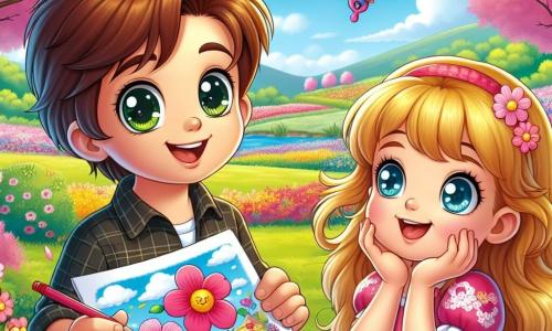Un niño de 10 años, Lucas, con cabello castaño y ojos llenos de curiosidad, está en el centro de la imagen, sonriendo ampliamente mientras sostiene un dibujo colorido de flores y mariposas. A su lado, su hermana pequeña Clara, una niña de 6 años con cabello largo rubio y un vestido rosa, admira el dibujo con ojos maravillados, con las manos en las mejillas. Al fondo, un parque primaveral lleno de cerezos en flor con pétalos rosas, campos de flores multicolores y un cielo azul claro con nubes blancas esponjosas. La escena captura el momento alegre en que Lucas y Clara comparten su amor por la naturaleza, rodeados de la belleza de la primavera.