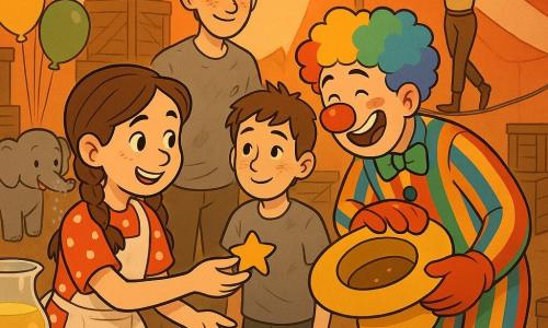 Mara, fată de 10 ani, zâmbitoare şi încrezătoare, părul brun în codiţă, rochie roşie cu buline albe şi şorţ, întinde o farfurie cu biscuiţi în formă de stea către un băiat timid; Piki, clovn adult cu nas roşu rotund, perucă colorată şi costum în dungi, râde făcând o mică reverenţă lângă masă ţinând o pălărie galbenă mare cu firimituri; Toby, băiat de ~13 ani cu păr scurt zbârlit şi tricou gri pătat cu făină, stă în spatele Marei cu privire recunoscătoare şi o firimitură pe obraz; Luca, funambul de ~14 ani cu eşarfă aurie şi pantofi fini, stă pe o margine puţin ridicată în fundal, balansându‑şi braţele ca pregătit să urce pe sfoară; un elefăntel gri cu trompa ridicată stă în spate stropind uşor faţa de masă; decor: culise de circ sub cort mare roşu‑alb, lumină caldă, cutii de lemn, baloane, masă lungă acoperită cu şerveţele vichy, un vas mare de limonadă şi firimituri; situaţie: după spectacol, moment cald în care Mara oferă un biscuit băiatului timid, personaje care râd şi împart, atmosferă prietenoasă.