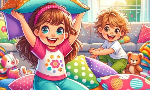 A 6-year-old girl, Sophie, with long brown hair and sparkling eyes, joyfully smiles as she builds a pillow fort in the living room. She wears a pink t-shirt and blue shorts, crouching while holding a fluffy pillow above her head. Next to her, her 4-year-old little brother Max, with messy blond hair and a mischievous grin, is having fun throwing a colorful blanket over the fort, laughing heartily. The living room is filled with colorful cushions, blankets, and scattered toys, with a large sofa in the background and sunlight streaming through the windows. The main scene shows Sophie and Max actively constructing their fort, surrounded by their stuffed animals, ready to face the 