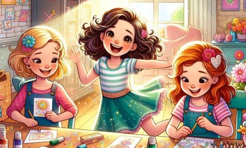 Three 10-year-old girls are gathered in a bright, colorful room. Lucy, a brunette with curly hair, is in the center, jumping for joy with a big smile. To her left, Emma, a blonde with short hair and a beaming smile, holds a box of glitter. On the right, Sophia, a redhead, showcases colorful markers, ready to draw. The scene takes place in Lucy's living room, decorated with colorful Mother's Day decorations. A large table is filled with handmade cards, paper flowers, and sparkling glitter, while sunlight streams in, creating a joyful and festive atmosphere. The girls are preparing a surprise for their mom by making cards and gifts, laughing and sharing memories, capturing the spirit of love and friendship.