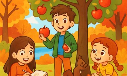 There are 3 characters: Amber, a 10-year-old girl with long brown hair, wearing an orange sweater and jeans, crouching and drawing in her notebook with a look of wonder on her face; Jake, an 11-year-old boy with messy brown hair, dressed in a green jacket and blue t-shirt, standing near an apple tree holding an apple, looking joyful and curious; and Lila, a 9-year-old girl with red curls and braids, wearing a yellow floral dress, crouching near a pile of leaves, watching a small squirrel climbing a tree trunk, her eyes shining with excitement. The setting is a vibrant autumn garden filled with trees with golden and red leaves, featuring a large apple tree at the center, its branches heavy with shiny apples. The ground is covered with a carpet of crunchy leaves, and a small pond sparkles nearby, surrounded by warm-colored bushes. The main scene shows the three friends exploring and discovering the beauty of autumn, with Amber drawing animals, Jake picking apples, and Lila observing nature, all surrounded by the bright colors of the season.