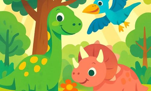 A diplodocus named Dino, with green skin and yellow spots, joyfully stands under a large tree, his big eyes shining with curiosity. Next to him, Trixie, a pink triceratops with three sharp horns and a wide smile, sniffs a colorful flower. A small pterodactyl named Pippa, with blue feathers and a yellow beak, happily flies above them with her wings spread. The setting is a lush forest filled with majestic trees, vibrant flowers, and sunlight filtering through the leaves, creating a warm and friendly atmosphere. Dino and Trixie admire the large tree surrounded by colorful flowers while Pippa flutters around them, adding to the sense of joy and adventure.