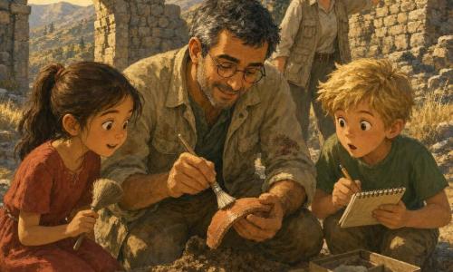 A smiling, focused archaeologist in his 40s with tanned skin, short salt-and-pepper hair, round glasses and a dirt-stained khaki jacket kneels, using a small soft brush to gently reveal a cinnamon-colored pottery shard; to his left stands Mina, about 9, brown ponytail in a simple red dress, holding a small duster and watching in wonder; to his right Leo, about 8, tousled blond hair, green t-shirt and surprised brows, leans forward with a notebook and pencil ready to draw; behind him Aya, about 35, fair-skinned, beige hat and field vest, points toward a row of piled gray stones like a low wall; the setting is an old mountain-pass caravanserai with rough gray stacked stones, a collapsed arch, pale yellow grass, dark pines and a pale blue sky with wispy clouds; on the ground a beige cloth holds tools—silver trowels, small brushes, red marking ribbons and an open label box—on sandy textured soil with patches of shadow; the scene captures the archaeologist revealing the terracotta pot rim in golden evening light with the children close by, calm respectful atmosphere, warm gouache-like colors and soft contrasts.