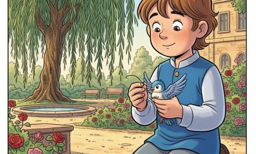 A young prince of about eight with a round face, bright hazel eyes and tousled chestnut hair kneels on a warm garden stone, gently holding a tiny blue-and-white bird whose wing is caught in a dark thread he is beginning to untangle; an old weeping willow hangs over a small pool to the left, and the morning palace garden—stone benches, rose bushes, pale gravel paths, dappled sunlight and a warm stone façade—frames the scene, which emphasizes the prince’s calm, patient hands, soft morning light, warm tones, clear drawing style with soft lines, vivid pastel colors and light shadows, composition centered on the hands and bird.