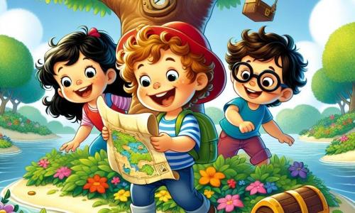 Max, a four-year-old boy with curly brown hair and a red hat, stands at the center, holding an old treasure map with a big smile on his face. To his right, Charlie, another four-year-old boy wearing large glasses and a blue t-shirt, looks at the map with curiosity, his eyes wide open. On the left, Lily, a four-year-old girl with long black hair and a colorful dress, joyfully dances around them with her arms raised in the air. Their adventure takes place on a small green island surrounded by a pond with crystal-clear water reflecting the blue sky. Tall trees with lush leaves provide shade, and colorful flowers line the path leading to a majestic tree with a wide trunk, under which lies an ancient wooden chest. The three friends are discovering a hidden treasure beneath the large tree, enthusiastically digging in the ground, their faces lit up with joy and excitement at their discovery.